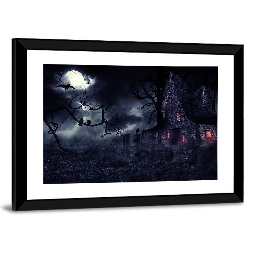 Haunted House Under Full Moon Wall Art