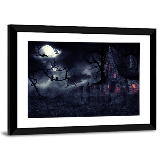 Haunted House Under Full Moon Wall Art