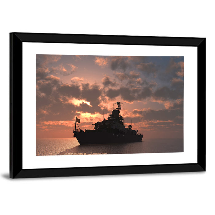 Warship Silhouette at Sunset Wall Art as a framed print
