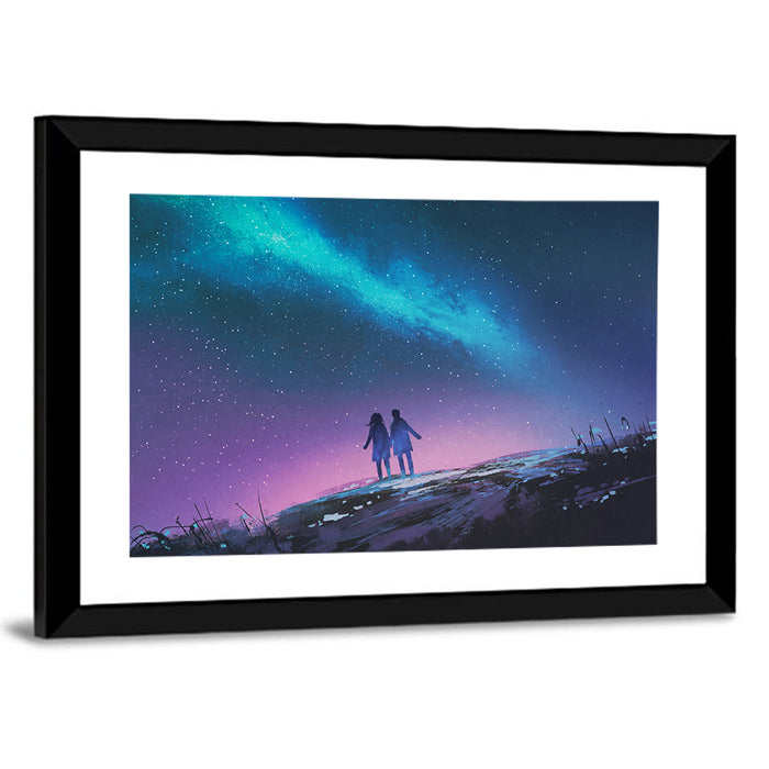 Milky Way Nightscape with Silhouetted Couple Wall Art as a framed print