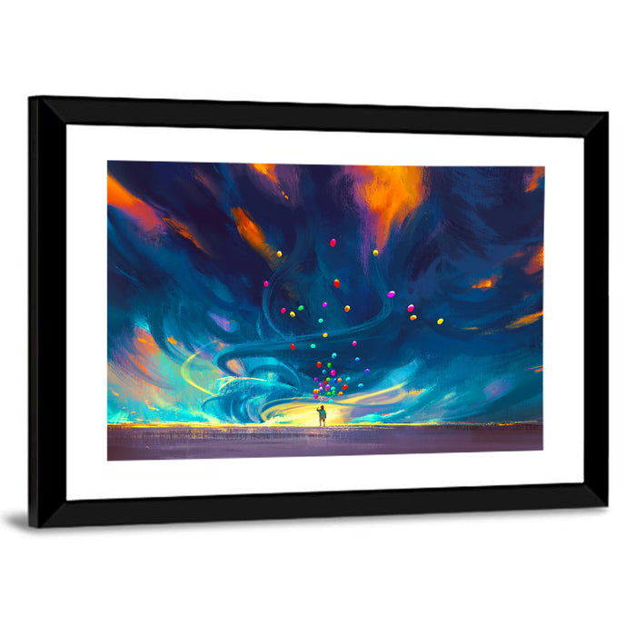 Child Under Fantasy Storm Wall Art as a framed print