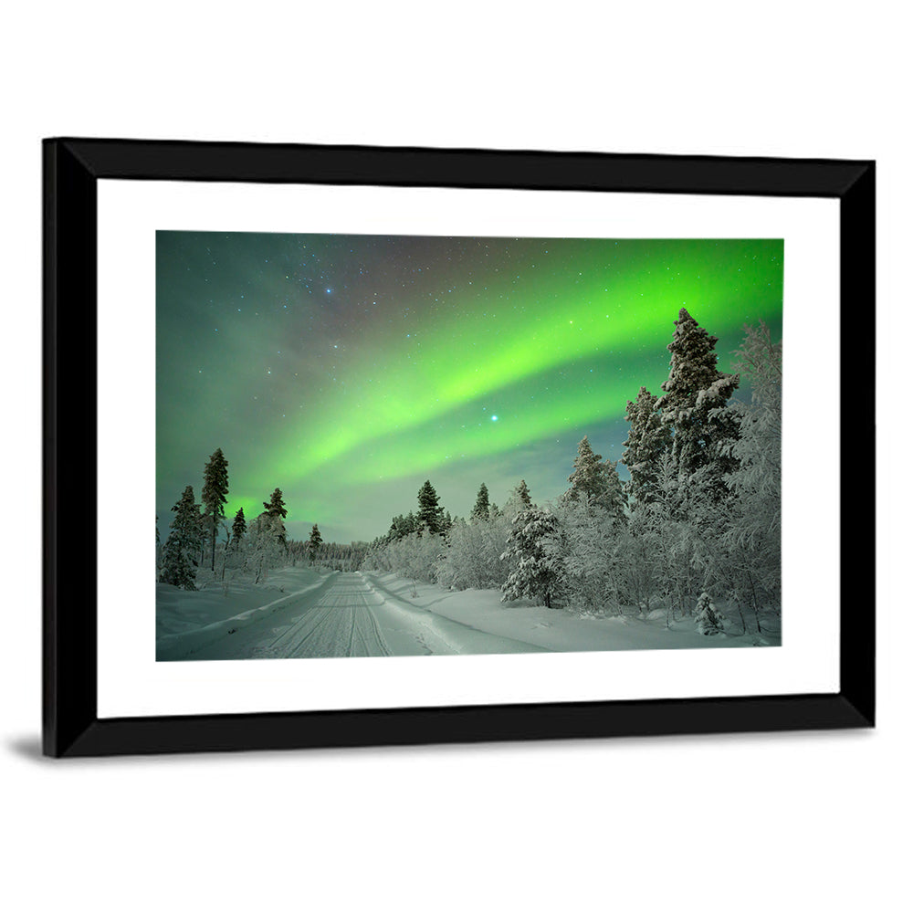 Aurora Over Snowy Forest Road Wall Art