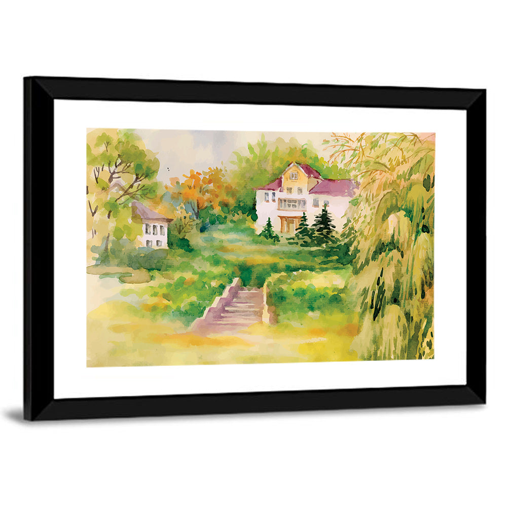Hilltop House in Garden Illustration Wall Art