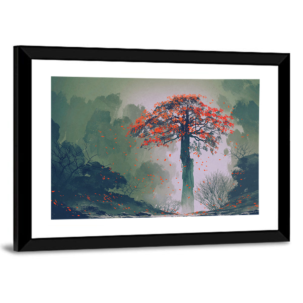 Misty Red Autumn Tree Wall Art