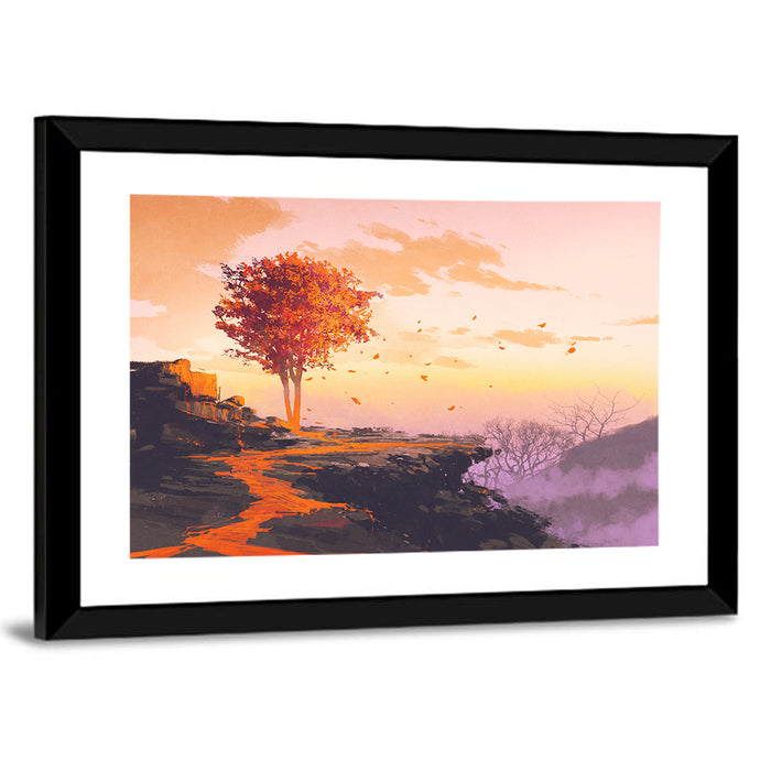 Melting Autumn Tree on Cliff Wall Art as a framed print