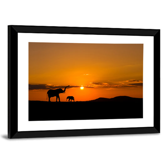 Elephants In Savannah At Sunset Wall Art