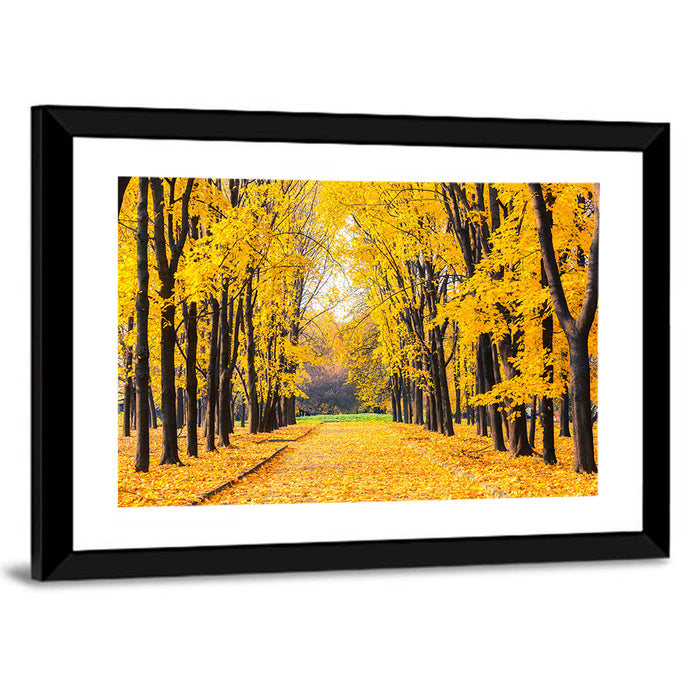 Golden Autumn Park Path Wall Art as a framed print