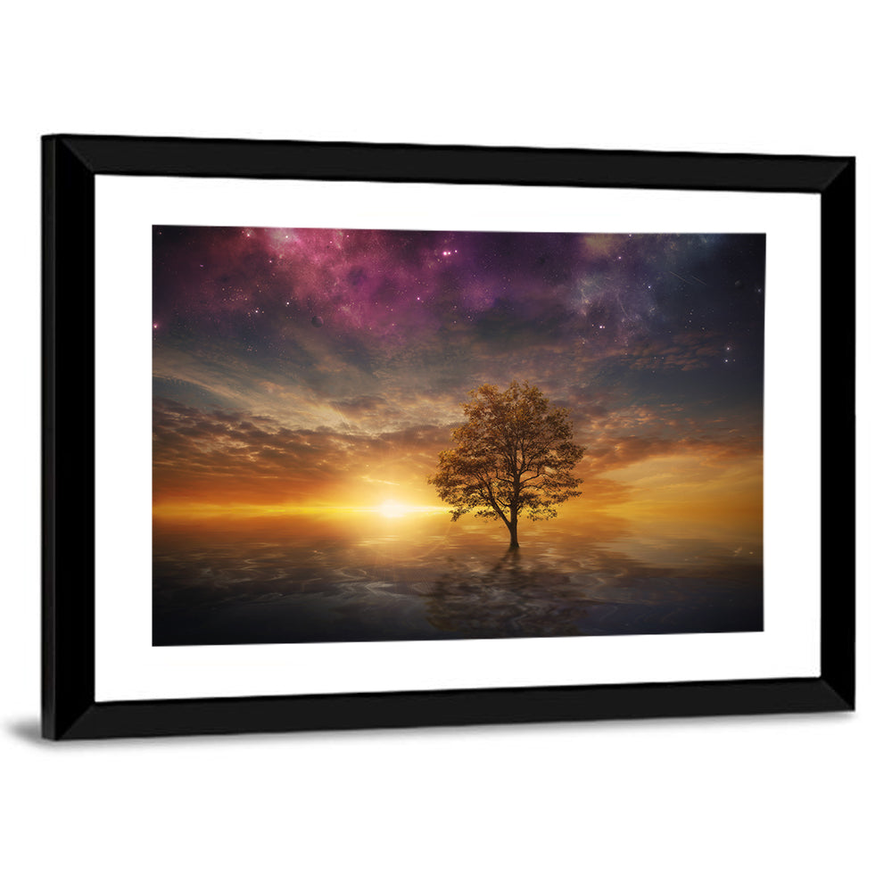 Surreal Tree Over Reflective Lake Wall Art
