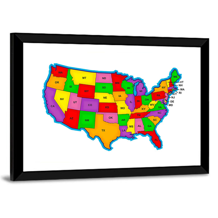 Bold United States Map Wall Art as a framed print