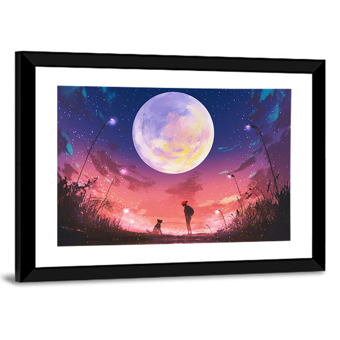 Woman and Dog Beneath Oversized Moon Wall Art as a framed print