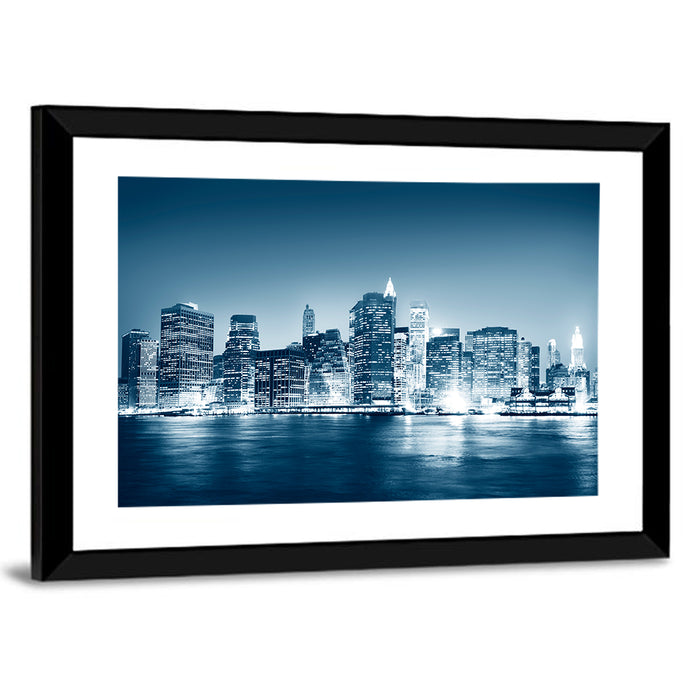 New York Night Skyline Reflection Wall Art as a framed print