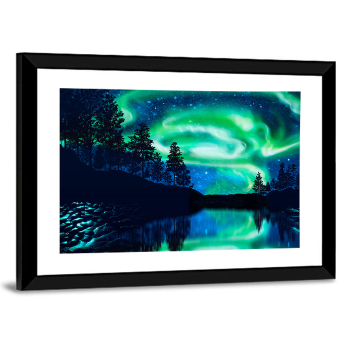 Northern Lights Over Mountain Lake Wall Art as a framed print