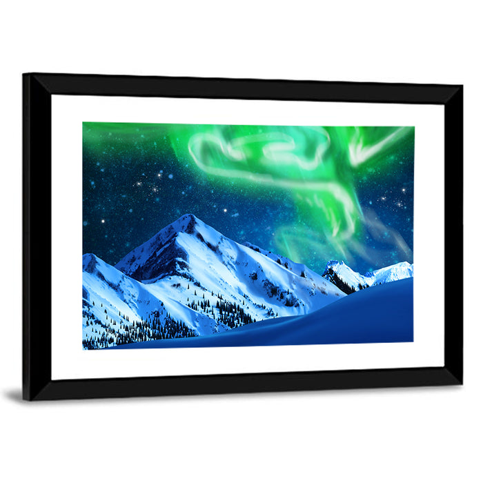 Glowing Aurora Over Snow Capped Mountains Wall Art as a framed print