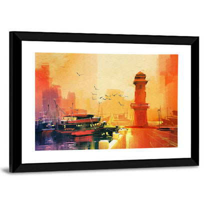 Golden Harbor Lighthouse and Fishing Boat Wall Art