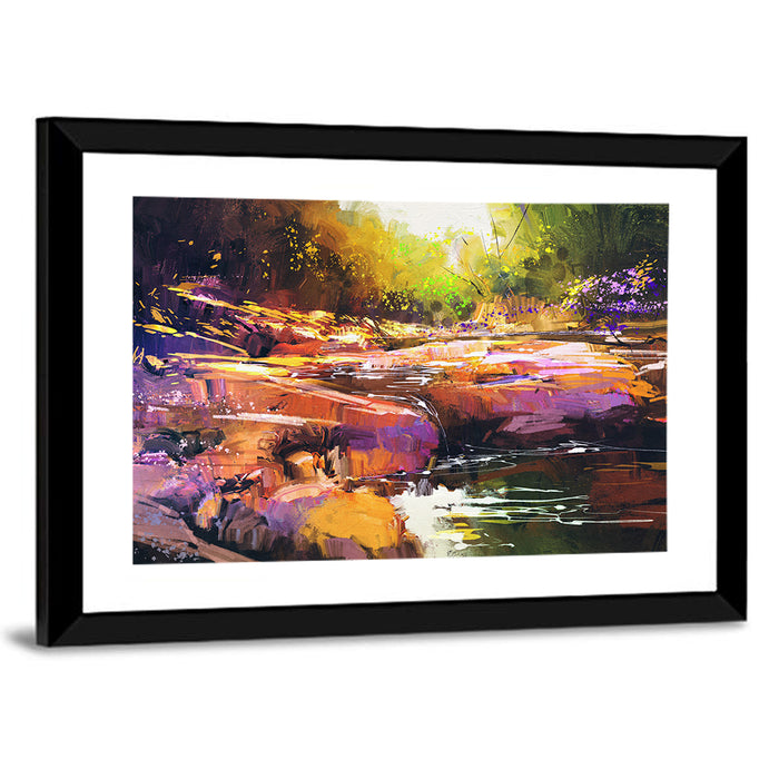 Autumn Stream with Textured Rocks Wall Art as a framed print