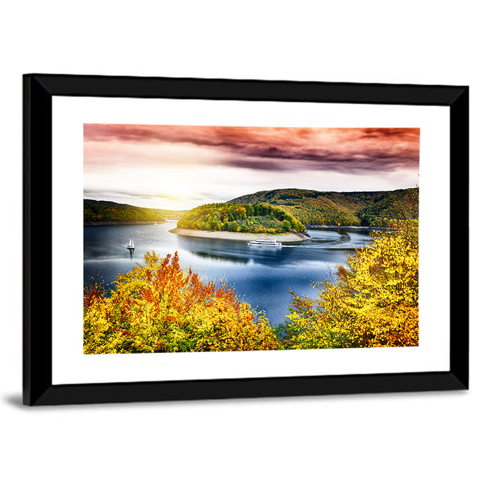 Autumn Sunset Over Lake with Boat Wall Art as a framed print