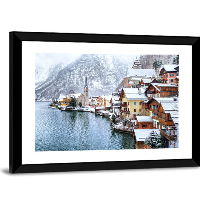 Hallstatt Winter Lakefront Wall Art as a framed print