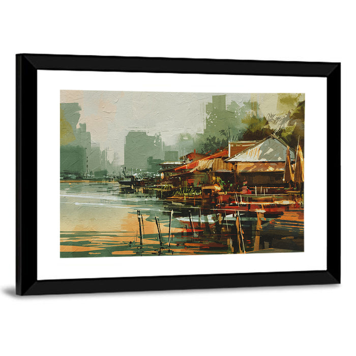 Old Fishing Village Watercolor Wall Art as a framed print