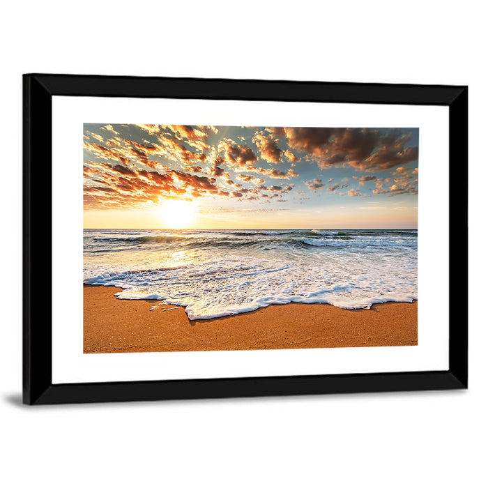 Foamy Shoreline at Sunrise Wall Art as a framed print