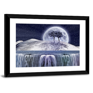 Waterfall & Snowy Mountain In Moonlight Wall Art