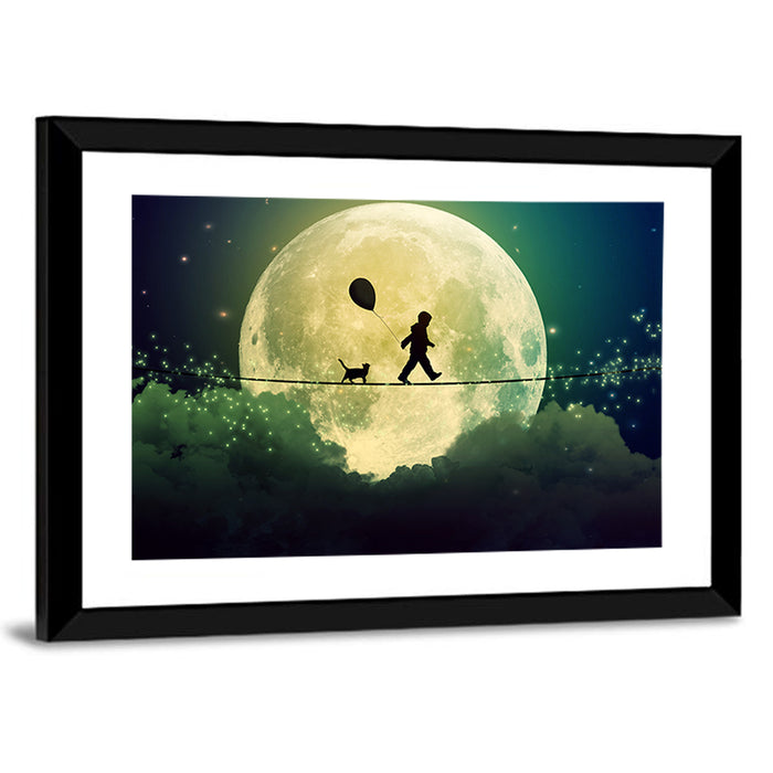 Happy Boy and Cat Under Moonlight Wall Art as a framed print