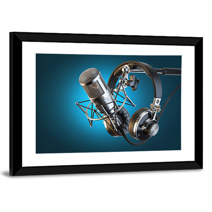 Condenser Microphone and Headphones Wall Art as a framed print