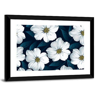 White Flowers on Navy Pattern Wall Art