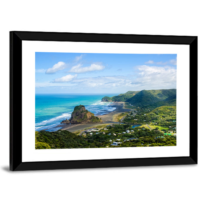 Lion Rock at Piha Beach Wall Art as a framed print