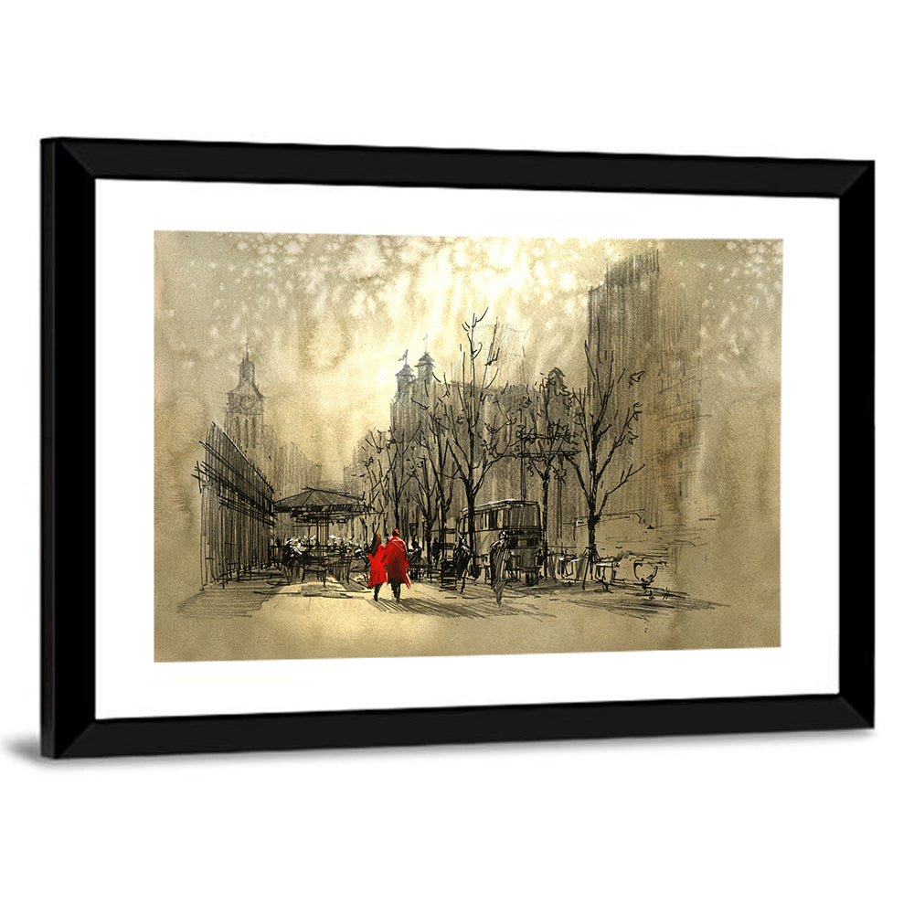 Couple in Red Coats on City Street Wall Art