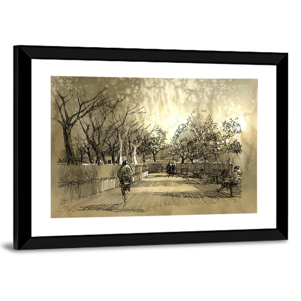 Late Afternoon Park Walkway Sketch Wall Art