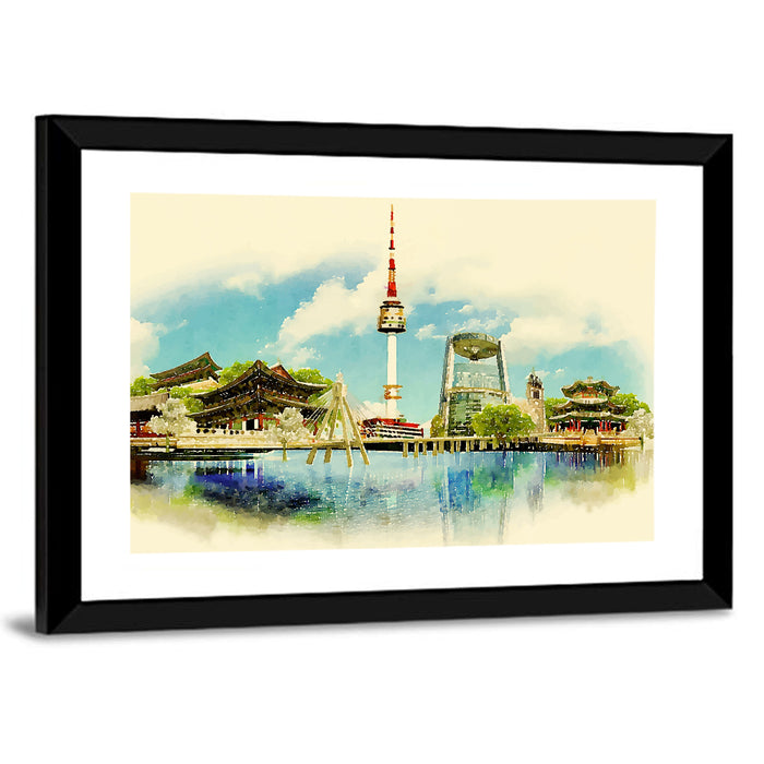 Seoul Skyline with N Seoul Tower Wall Art as a framed print