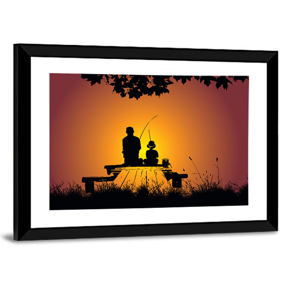 Dockside Sunset Fishing Silhouette Wall Art