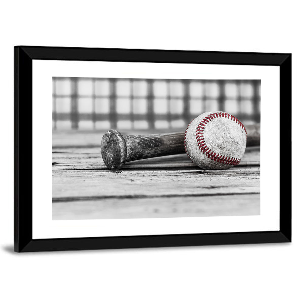 Worn Baseball and Bat on Wood Wall Art