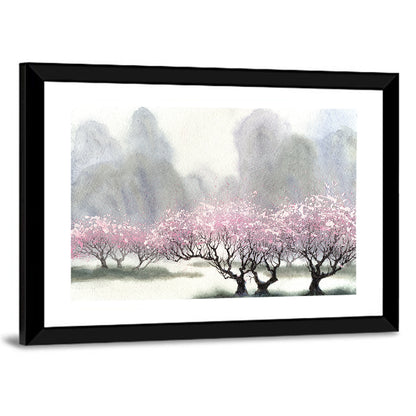 Cherry Blossom Orchard by the River Wall Art
