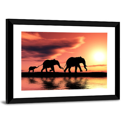Elephant Silhouettes By A River Wall Art