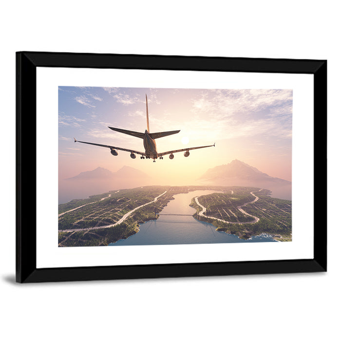 Airplane Over Island at Sunset Wall Art as a framed print