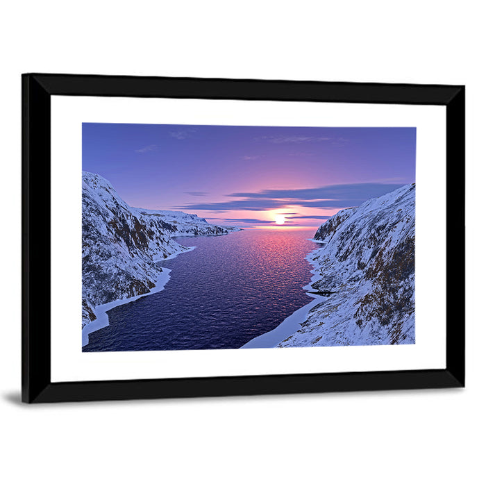 Snow-capped Mountain Fjord Sunset Wall Art as a framed print