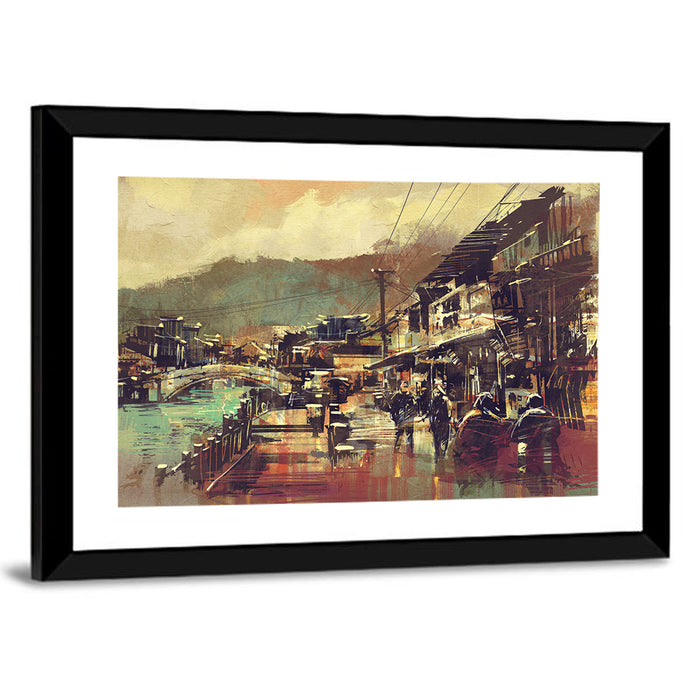 Old Riverside Village at Dusk Wall Art as a framed print