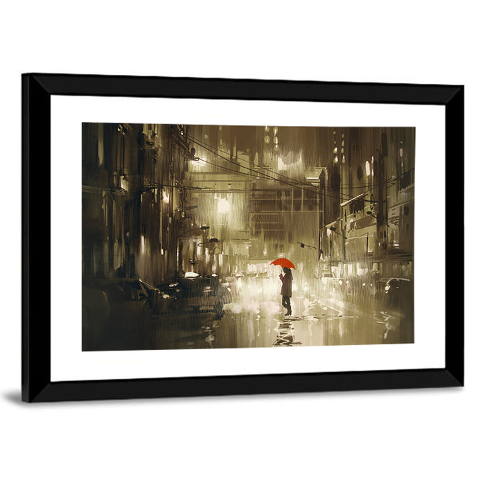 Red Umbrella on Rainy City Street Wall Art as a framed print