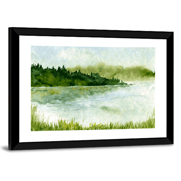 Misty Spruce Lake Landscape Wall Art as a framed print