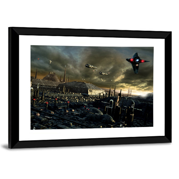 Futuristic City Skyline Wall Art as a framed print
