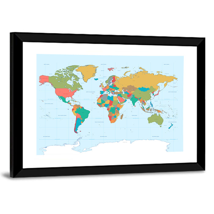 Colorful World Map with Grid Wall Art as a framed print