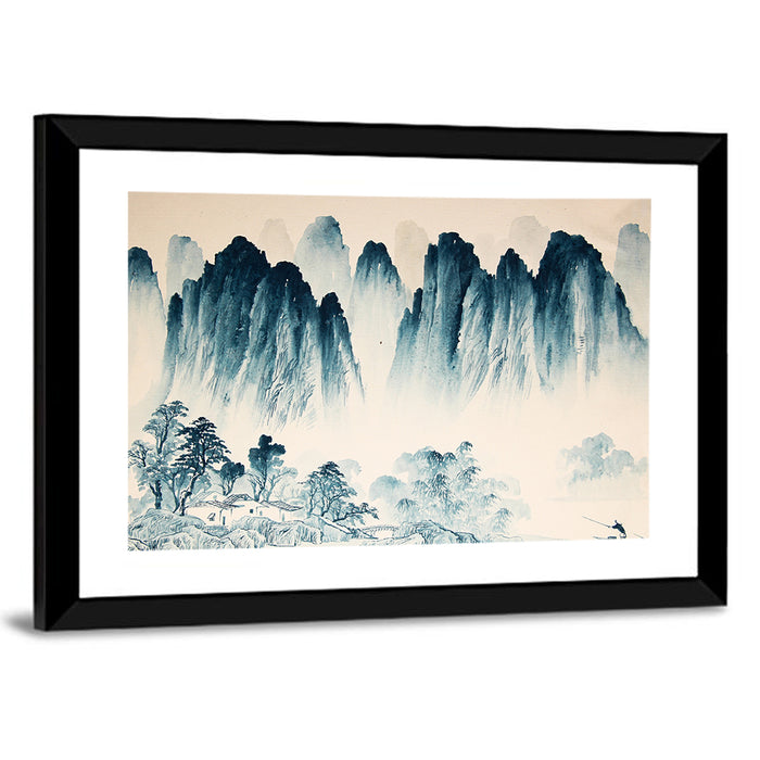 Misty Chinese Ink Wash Landscape Wall Art as a framed print