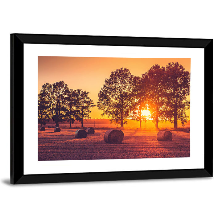 Sunset Over Hay Bales Wall Art
