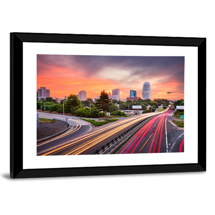 Winston-salem Dusk Skyline with Light Trails Wall Art