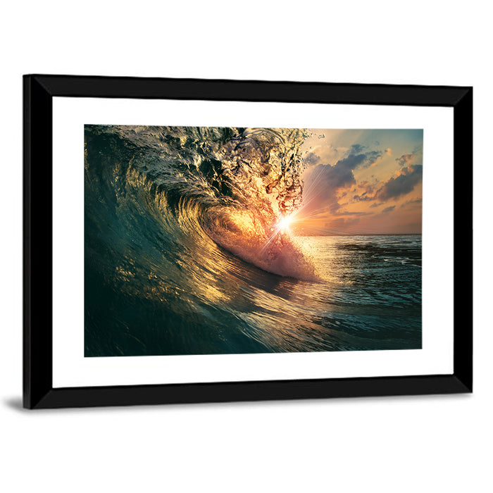 Sun Through Breaking Wave Wall Art as a framed print