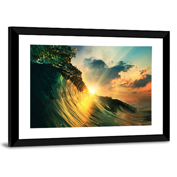 Sunset Through a Curling Wave Wall Art as a framed print