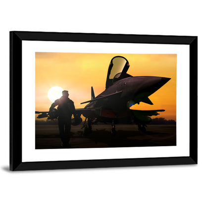 Pilot and Fighter Jet at Sunset Wall Art
