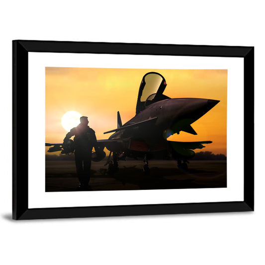 Pilot and Fighter Jet at Sunset Wall Art