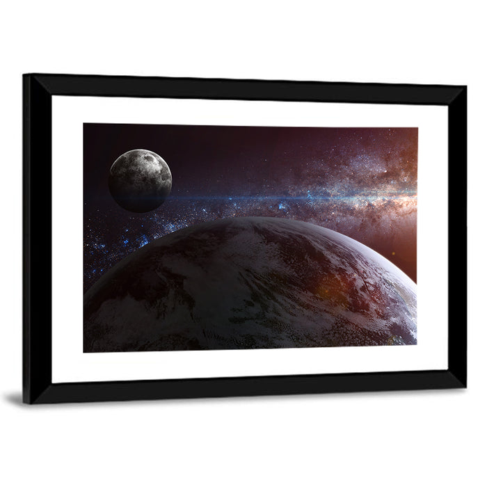 Earth and Moon Over Nebula Wall Art as a framed print
